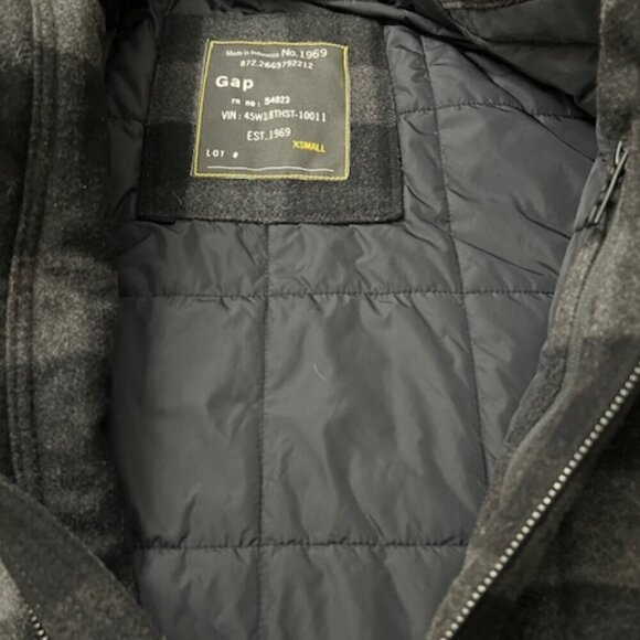 GAP Wool Blend Black & Gray Plaid Insulated Full Zip Jacket Coat Y2K Size XS - Picture 5 of 9